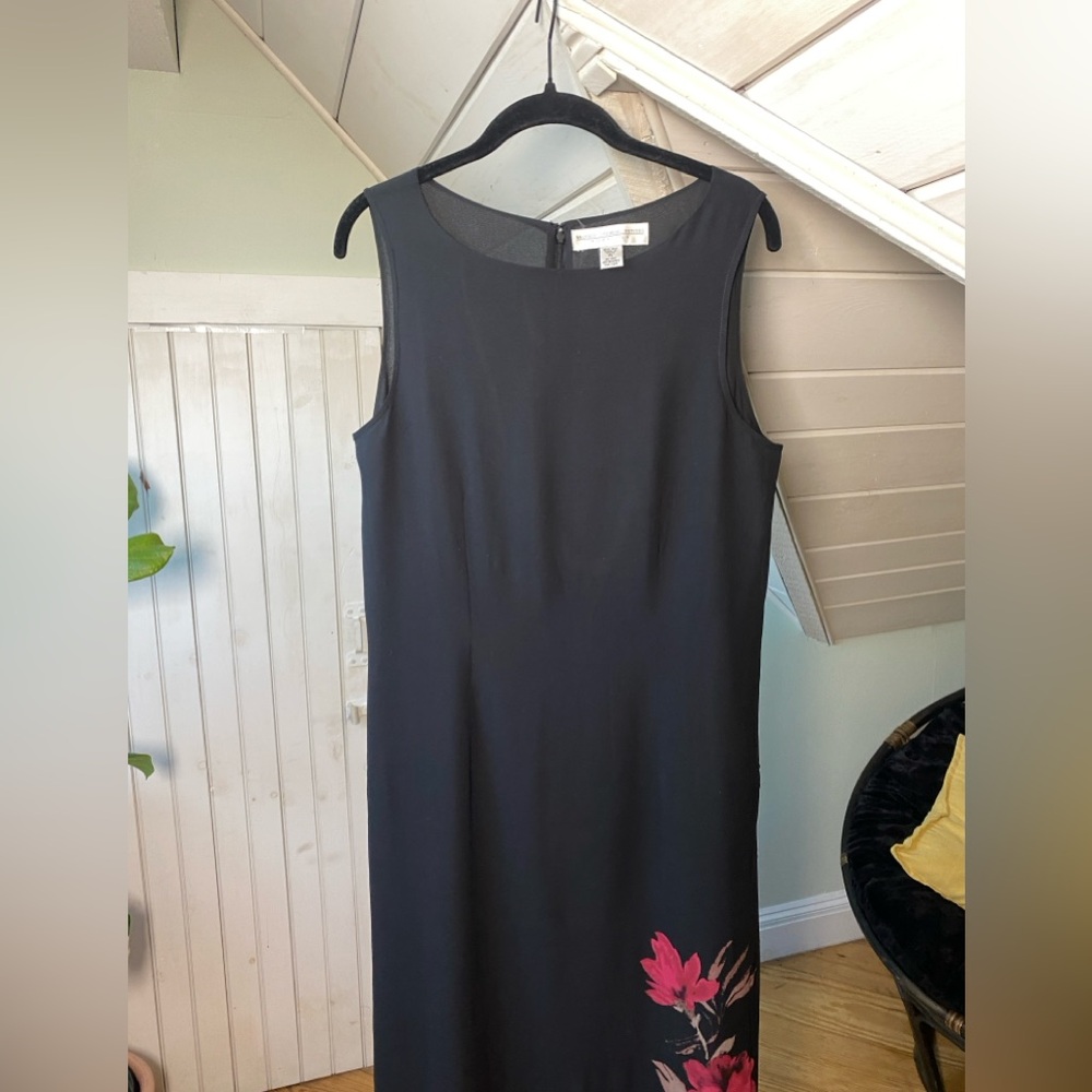 Valerie Stevens 100% Silk Black Long Dress With Floral Print Large Petite - Picture 10 of 10